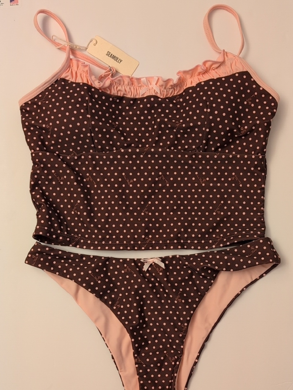 NWT Seamolly Polka Dot Ruched Ruffles Bowknot Skimpy Tankini Set Brown Pink - L - Picture 2 of 11